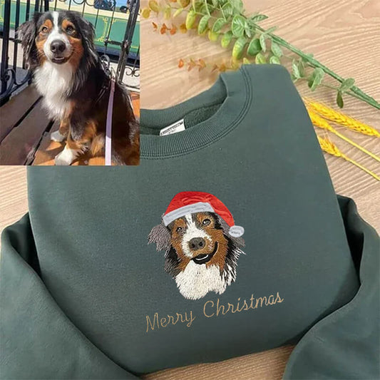 Custom Embroidered Pet Portrait Christmas Sweatshirt Christmas Gift for Dog Cat Owner Pet Lovers