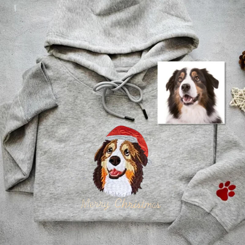 Embroidered Pet Portrait Christmas Sweatshirt Hoodie with Pet Face Gift for Pet Lovers