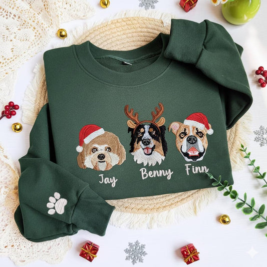 Custom Embroidered Pet Portrait Christmas Sweatshirt Hoodie Christmas Gift for Dog & Cat Lovers