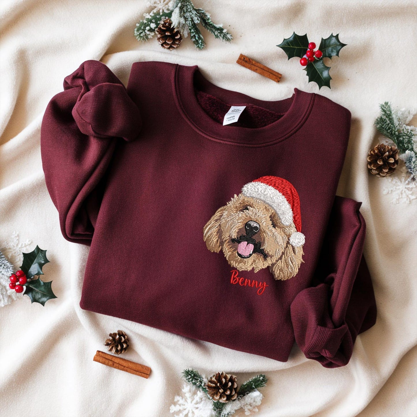 Custom Pet Portrait Christmas Sweatshirt Personalized Embroidered Dog Face Holiday Gift for Pet Lovers