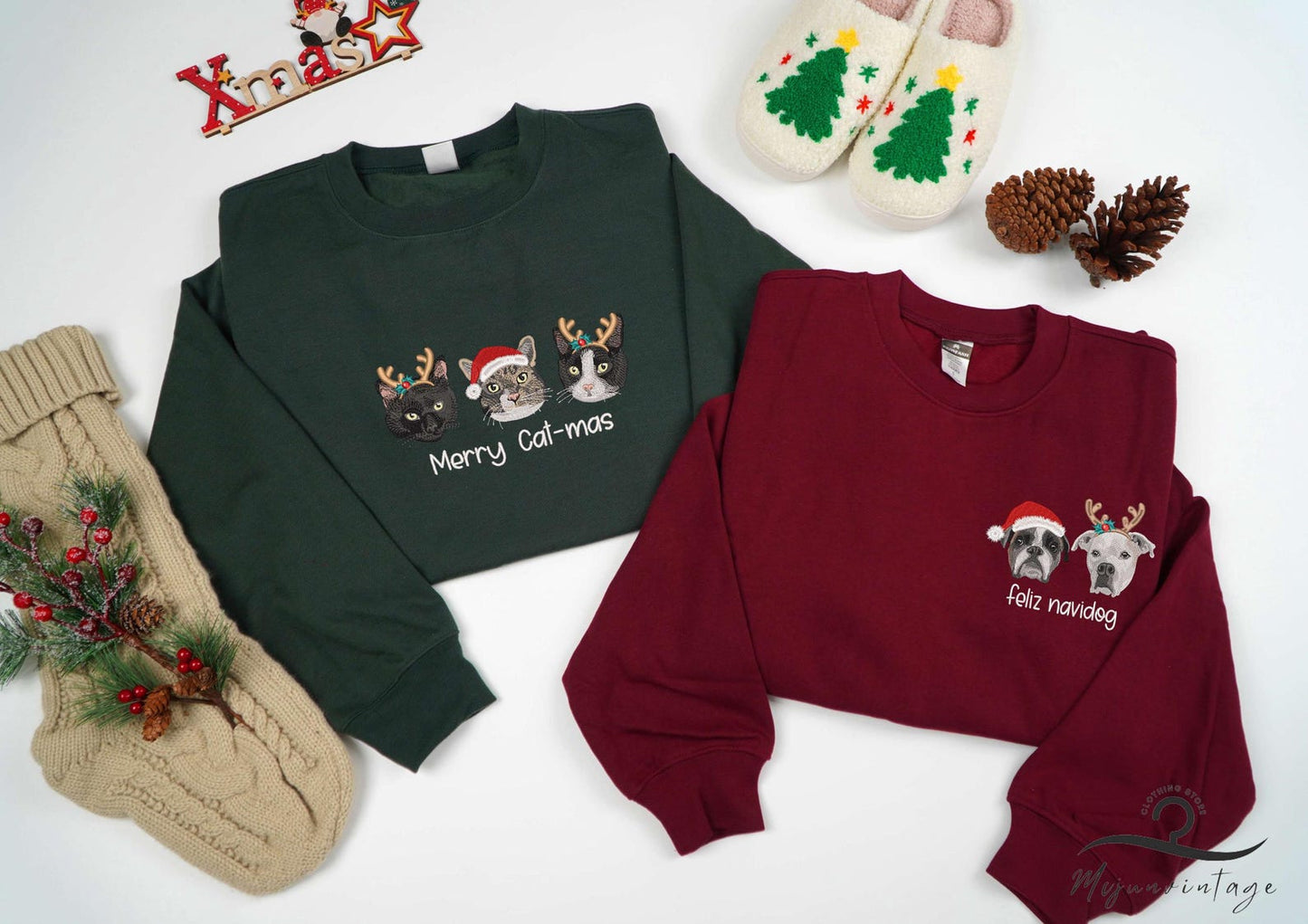 Custom Embroidered Pet Portrait Christmas Sweatshirt Hoodie Christmas Gift for Dog & Cat Lovers