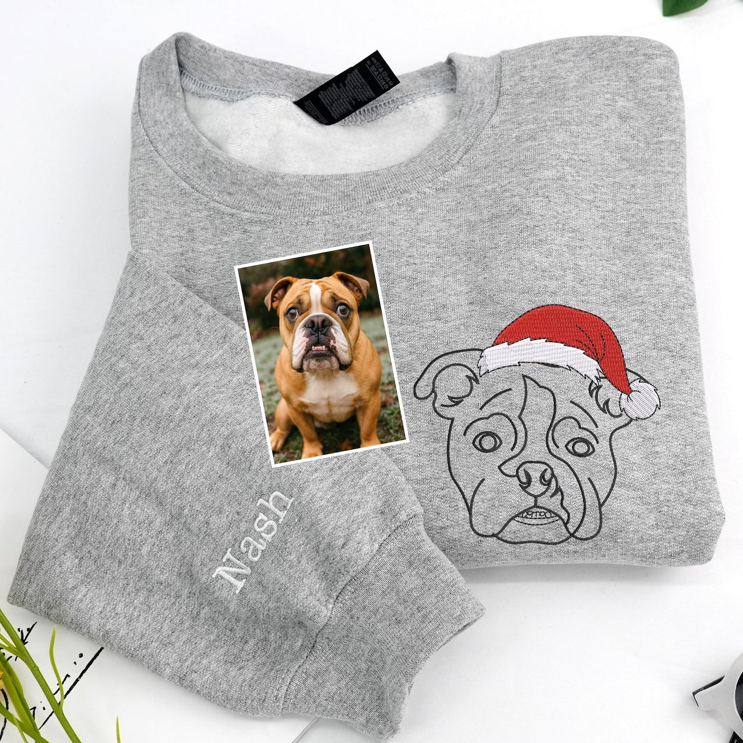 Custom Embrodied Pet Dog Face Christmas Sweatshirt with Santa Hat Christmas Gift For Pet Lovers