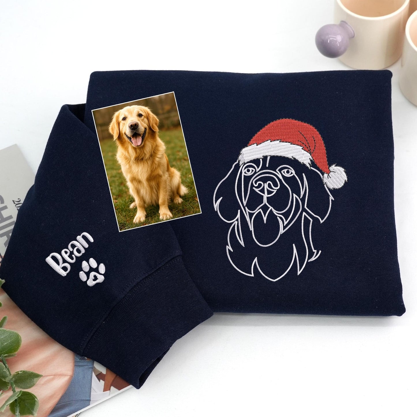 Custom Embrodied Pet Dog Face Christmas Sweatshirt with Santa Hat Christmas Gift For Pet Lovers