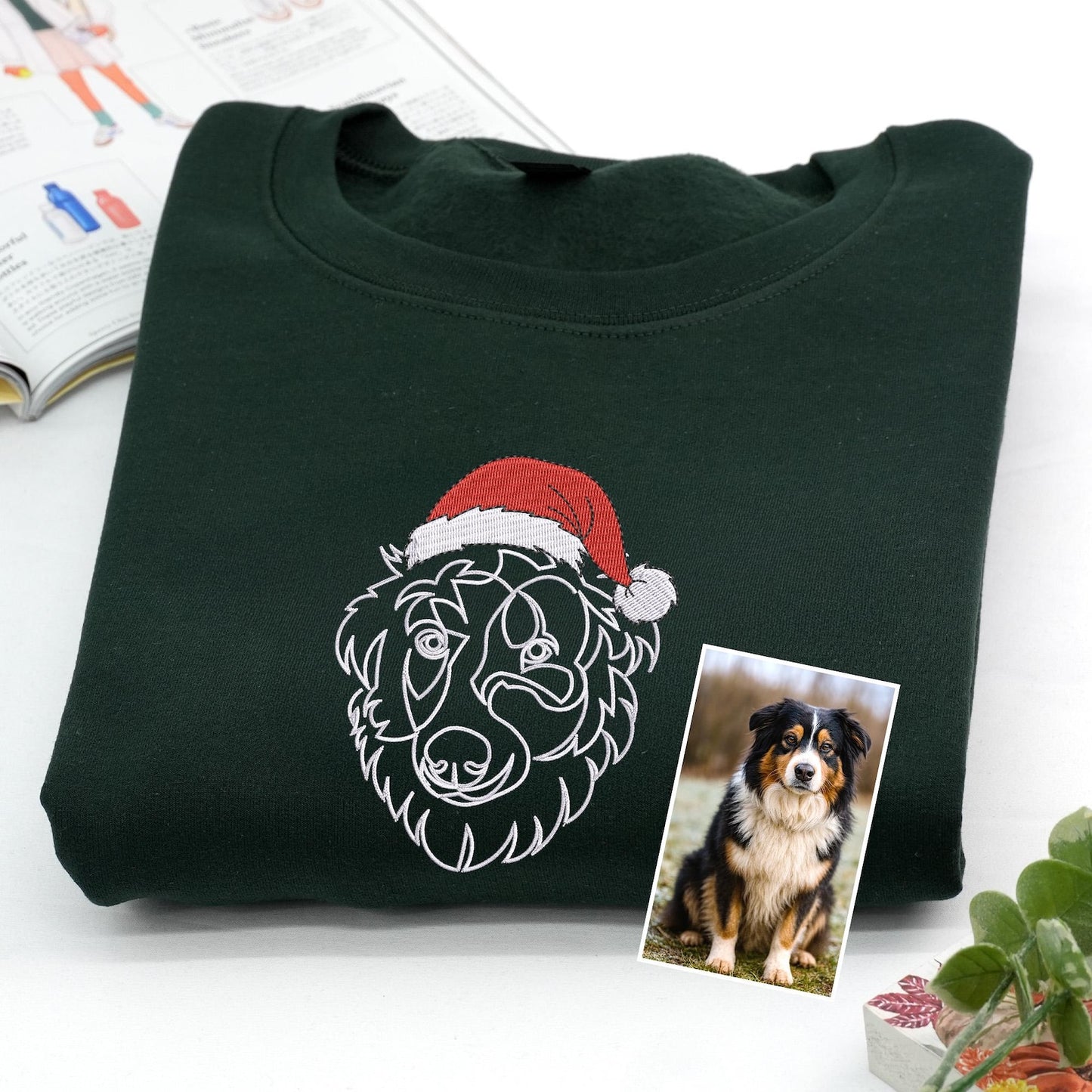 Custom Embrodied Pet Dog Face Christmas Sweatshirt with Santa Hat Christmas Gift For Pet Lovers