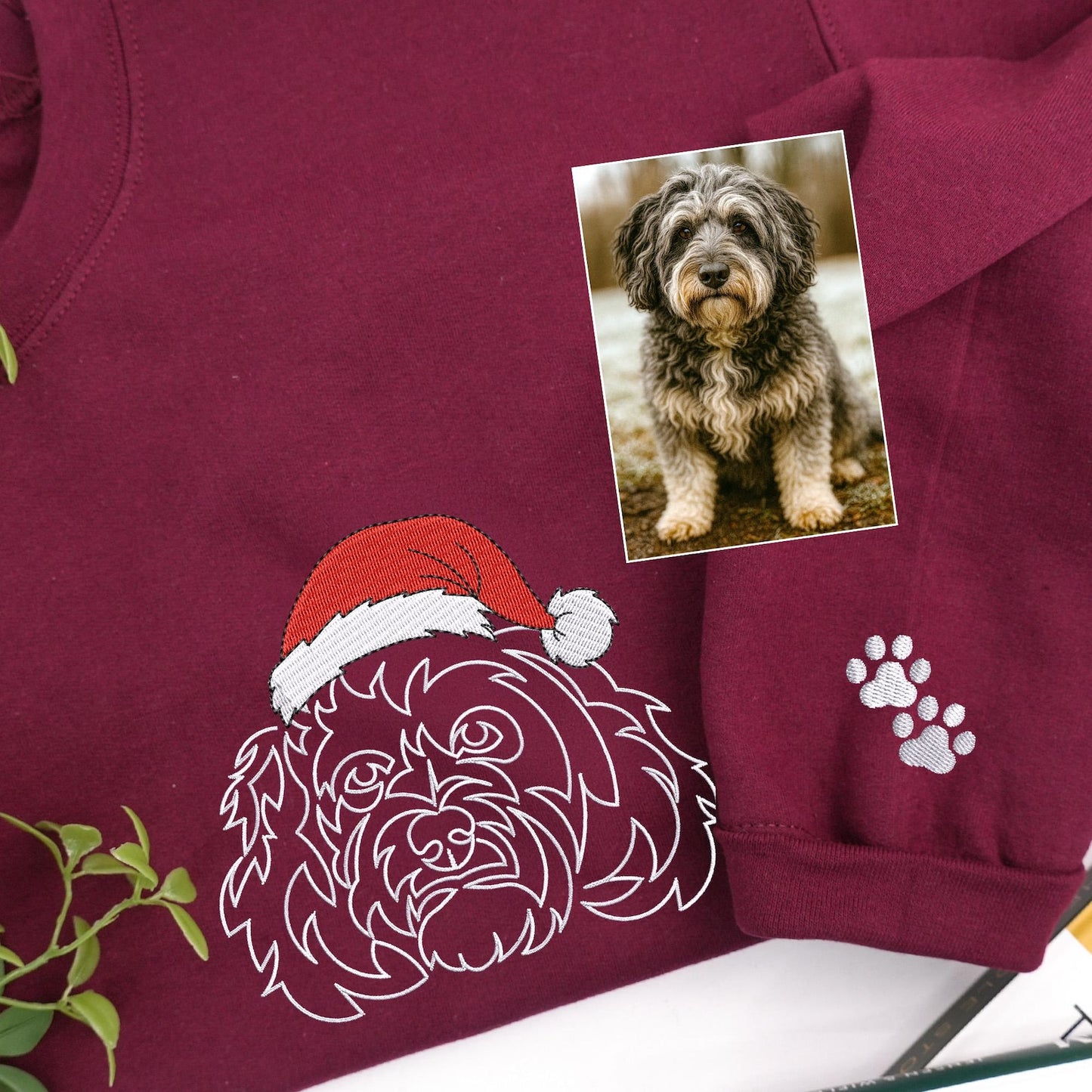 Custom Embrodied Pet Dog Face Christmas Sweatshirt with Santa Hat Christmas Gift For Pet Lovers
