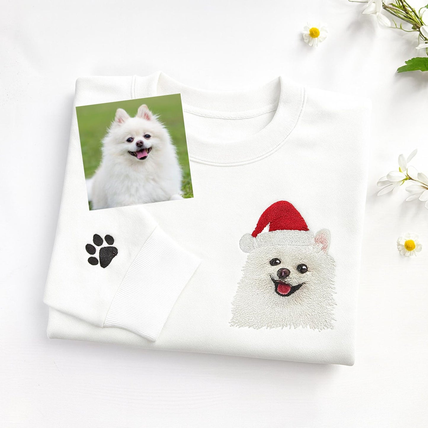 Custom Embrodied Pet Dog Face Christmas Sweatshirt with Santa Hat Christmas Gift For Pet Lovers