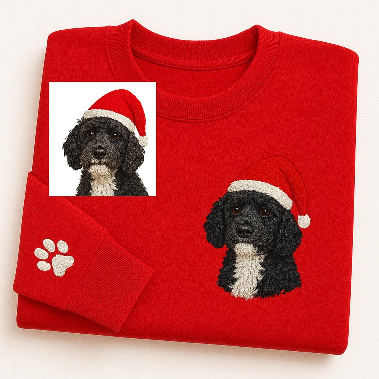 Custom Embrodied Pet Dog Face Christmas Sweatshirt with Santa Hat Christmas Gift For Pet Lovers