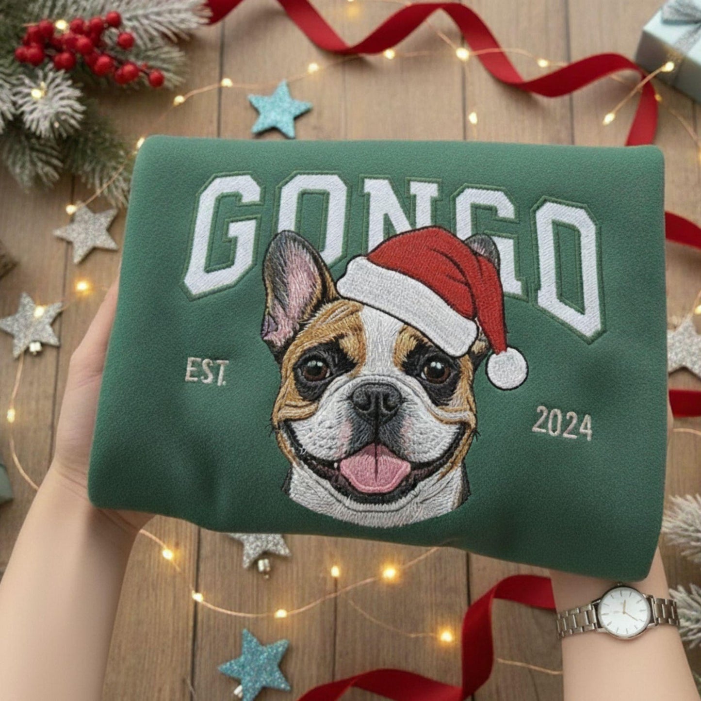 Custom Embrodied Pet Portrait Christmas Sweatshirt with Santa Hat Christmas Keepsake Gift For Dog Cat Pet Lovers