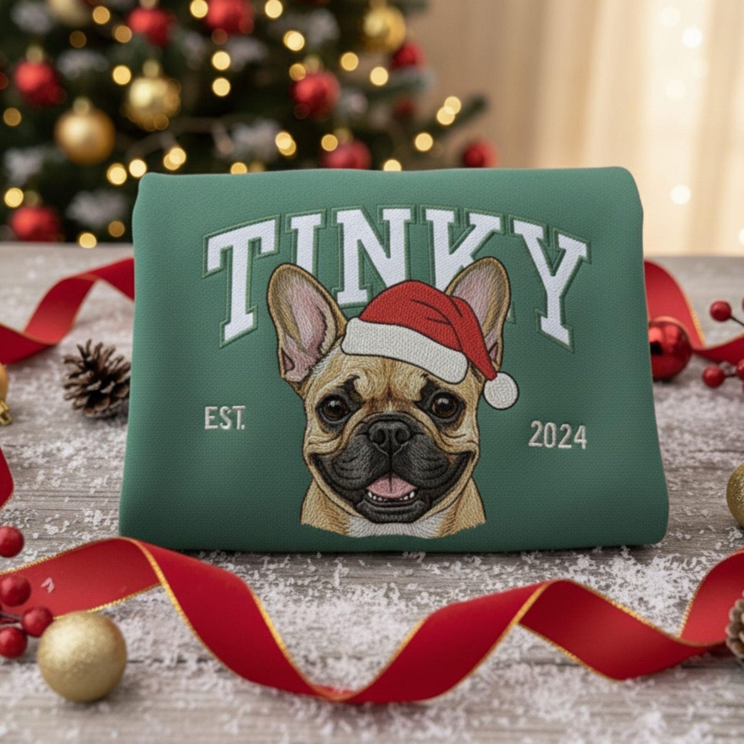 Custom Embrodied Pet Portrait Christmas Sweatshirt with Santa Hat Christmas Keepsake Gift For Dog Cat Pet Lovers