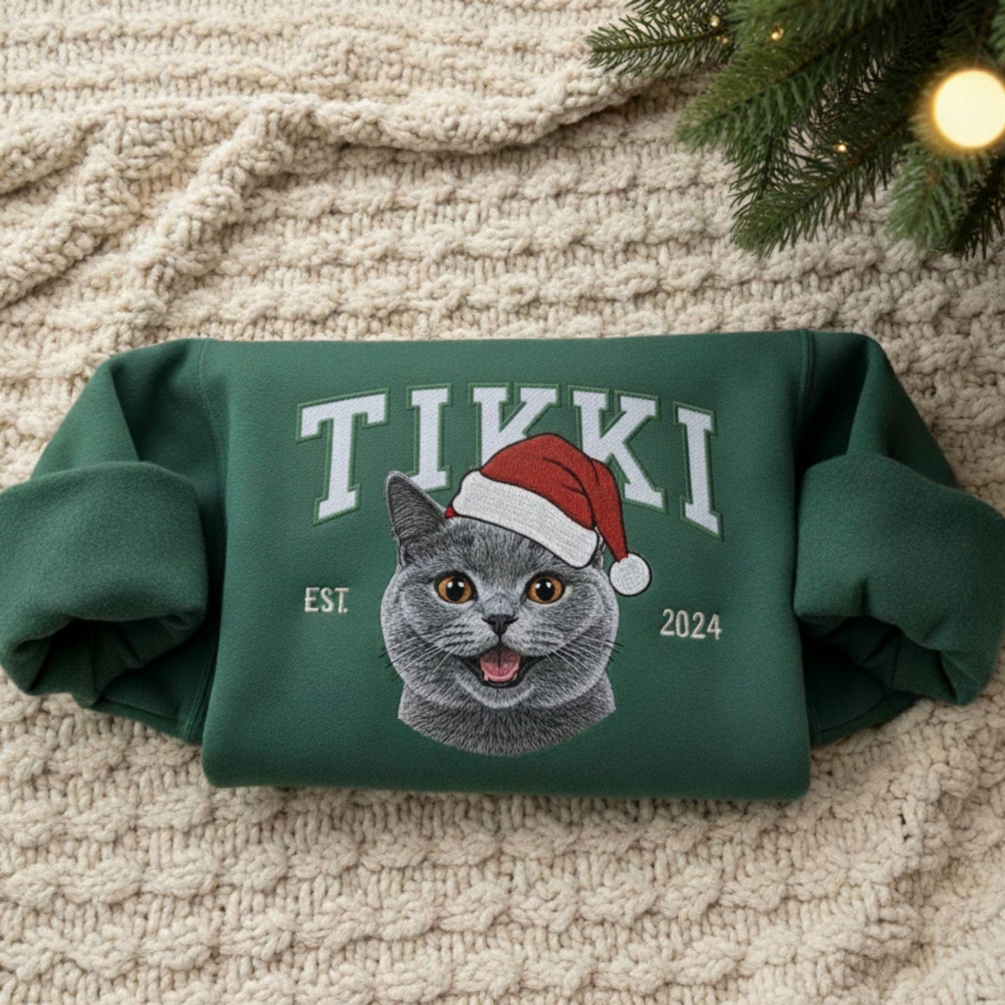 Custom Embrodied Pet Portrait Christmas Sweatshirt with Santa Hat Christmas Keepsake Gift For Dog Cat Pet Lovers