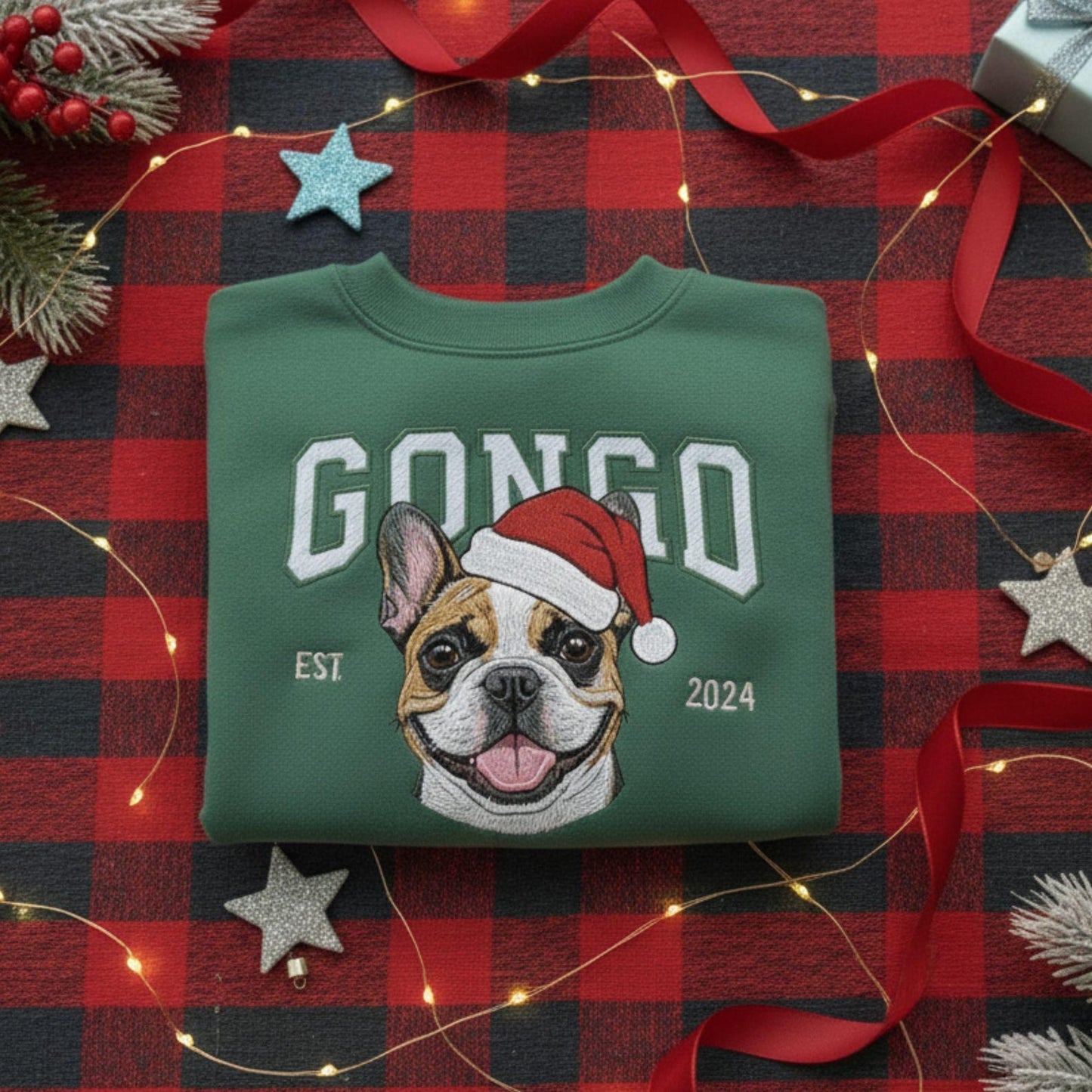 Custom Embrodied Pet Portrait Christmas Sweatshirt with Santa Hat Christmas Keepsake Gift For Dog Cat Pet Lovers