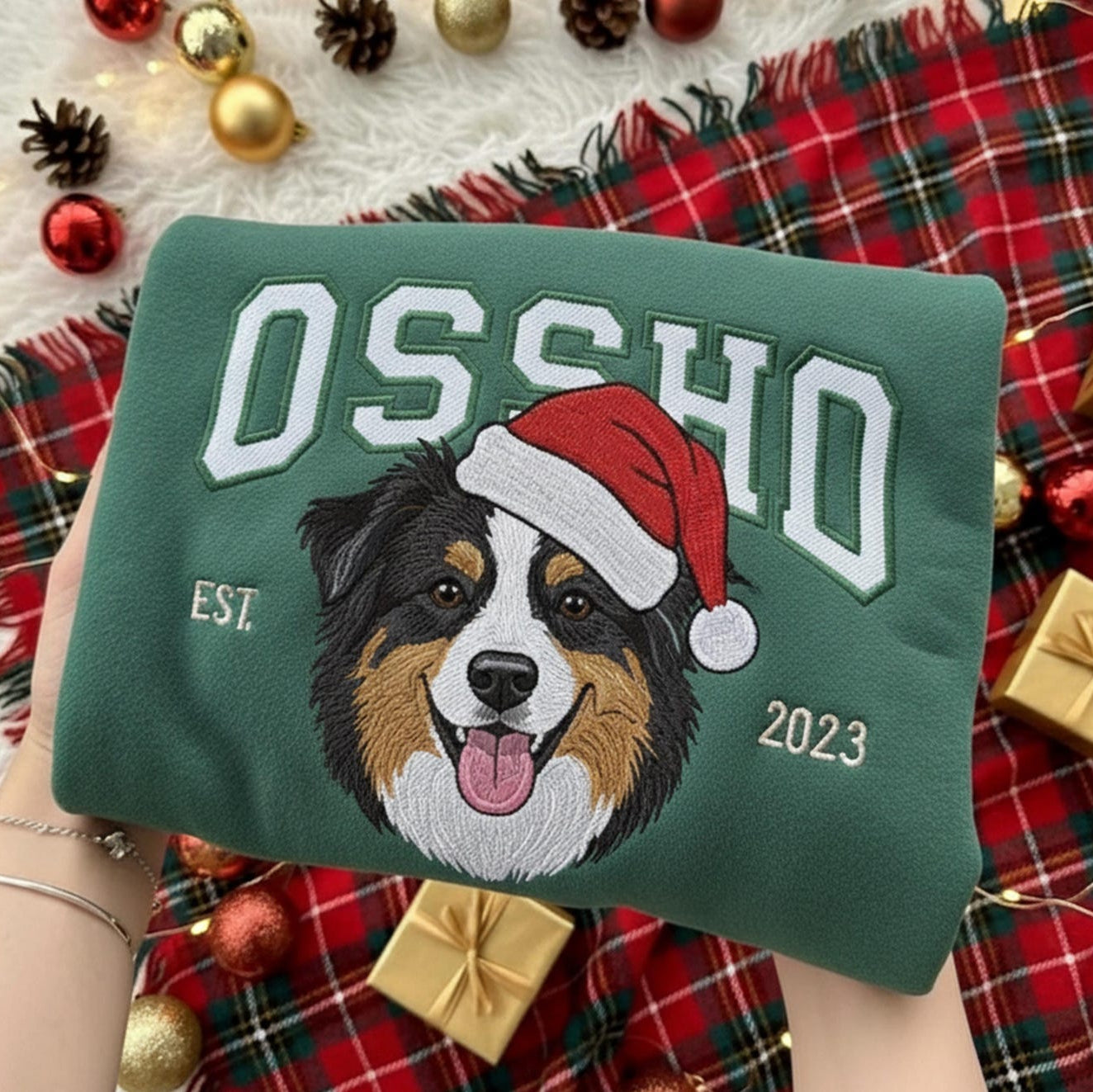 Custom Embrodied Pet Portrait Christmas Sweatshirt with Santa Hat Christmas Keepsake Gift For Dog Cat Pet Lovers