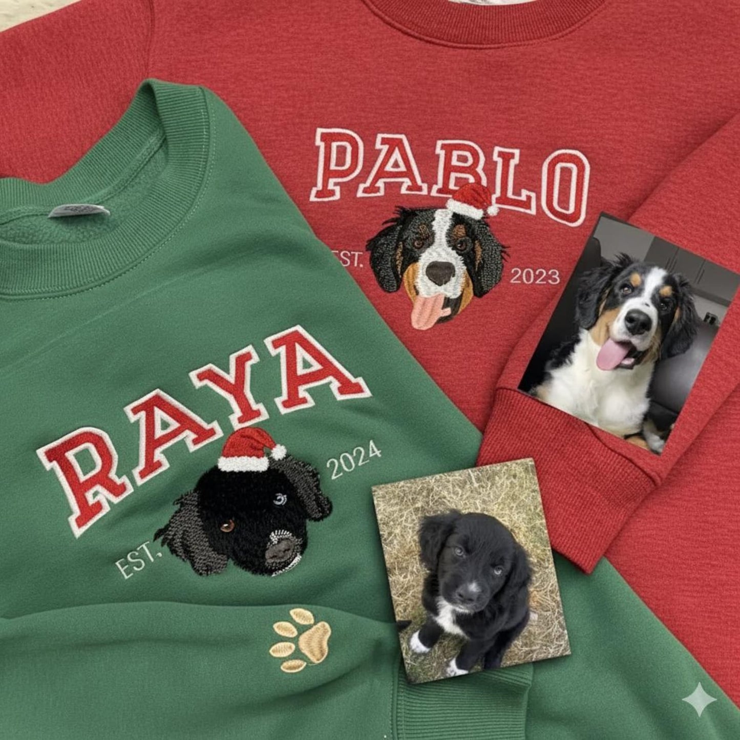 Custom Embrodied Pet Portrait Christmas Sweatshirt with Santa Hat Christmas Keepsake Gift For Dog Cat Pet Lovers