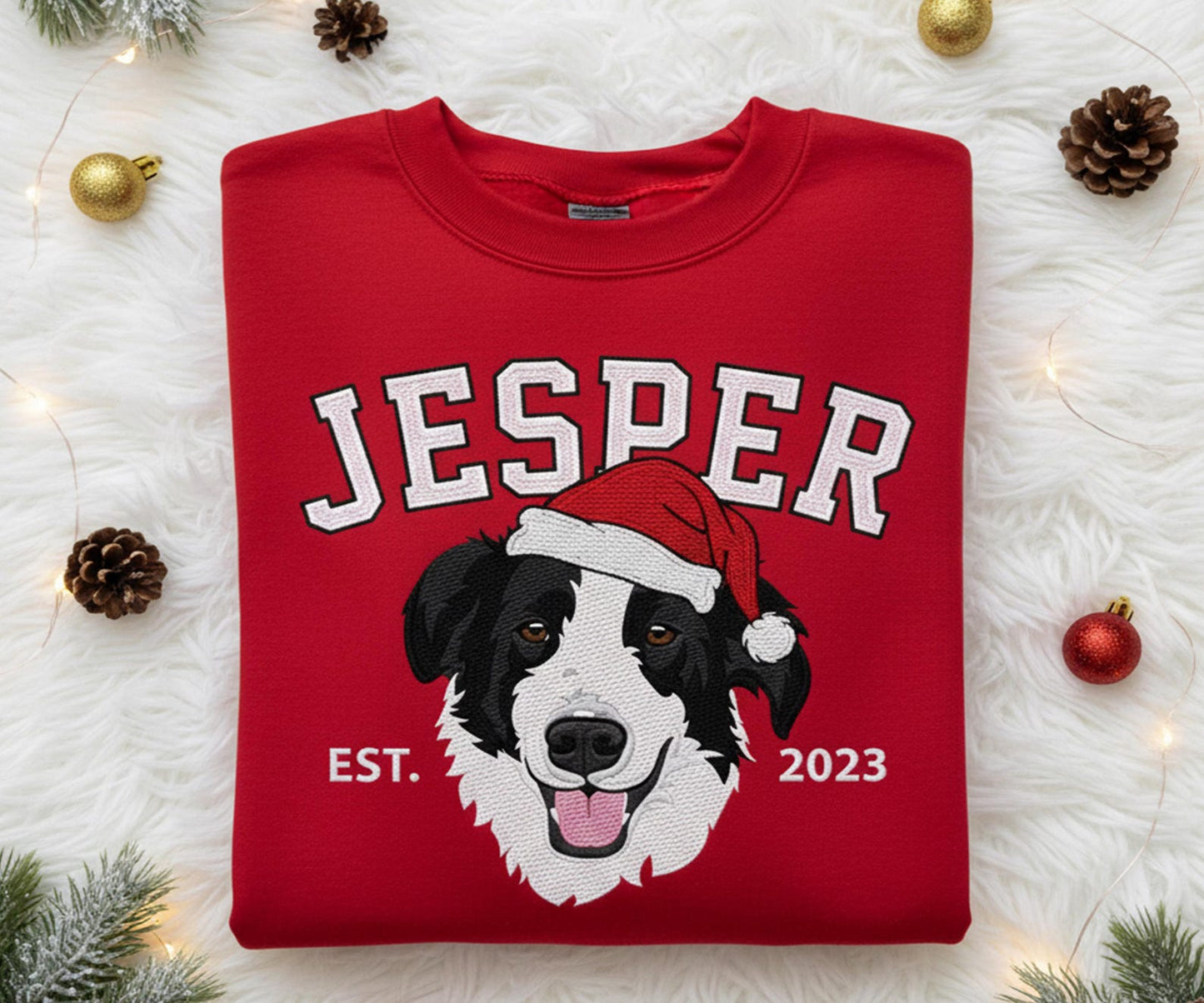 Custom Embrodied Pet Portrait Christmas Sweatshirt with Santa Hat Christmas Keepsake Gift For Dog Cat Pet Lovers