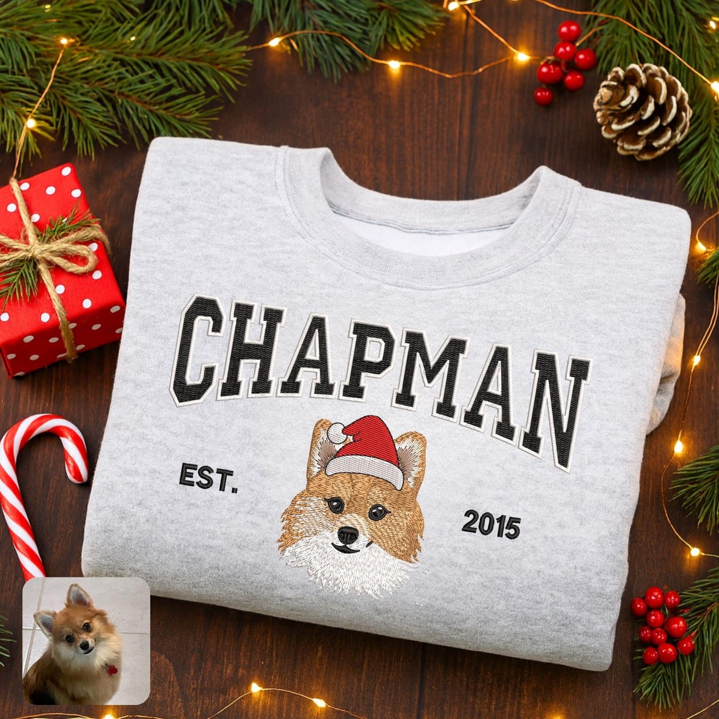 Custom Embrodied Pet Portrait Christmas Sweatshirt with Santa Hat Christmas Keepsake Gift For Dog Cat Pet Lovers