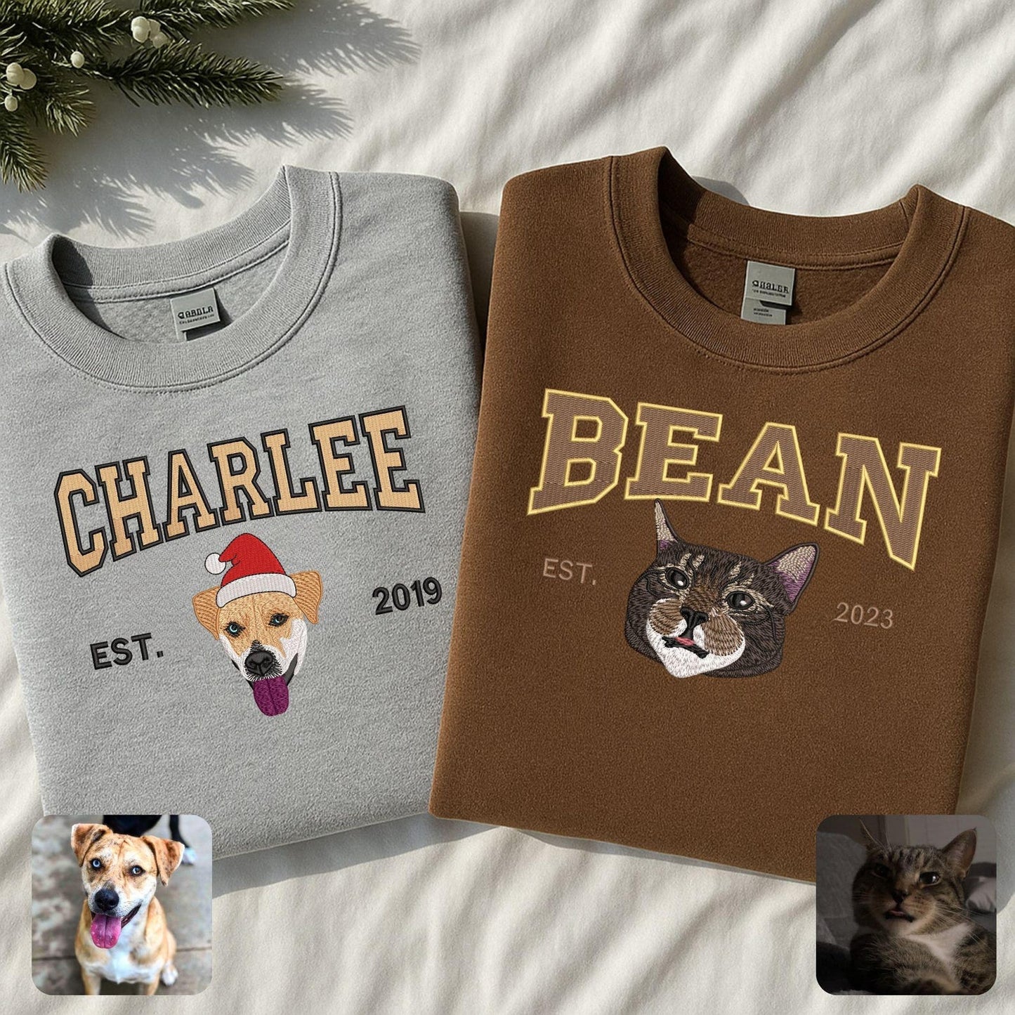 Custom Embrodied Pet Portrait Christmas Sweatshirt with Santa Hat Christmas Keepsake Gift For Dog Cat Pet Lovers