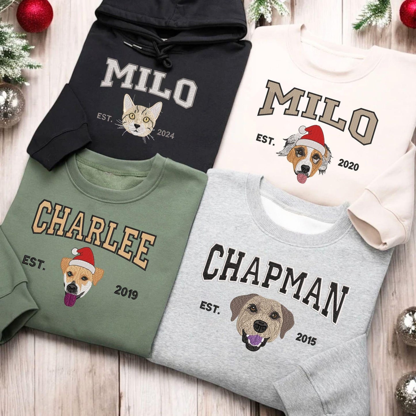 Custom Embrodied Pet Portrait Christmas Sweatshirt with Santa Hat Christmas Keepsake Gift For Dog Cat Pet Lovers