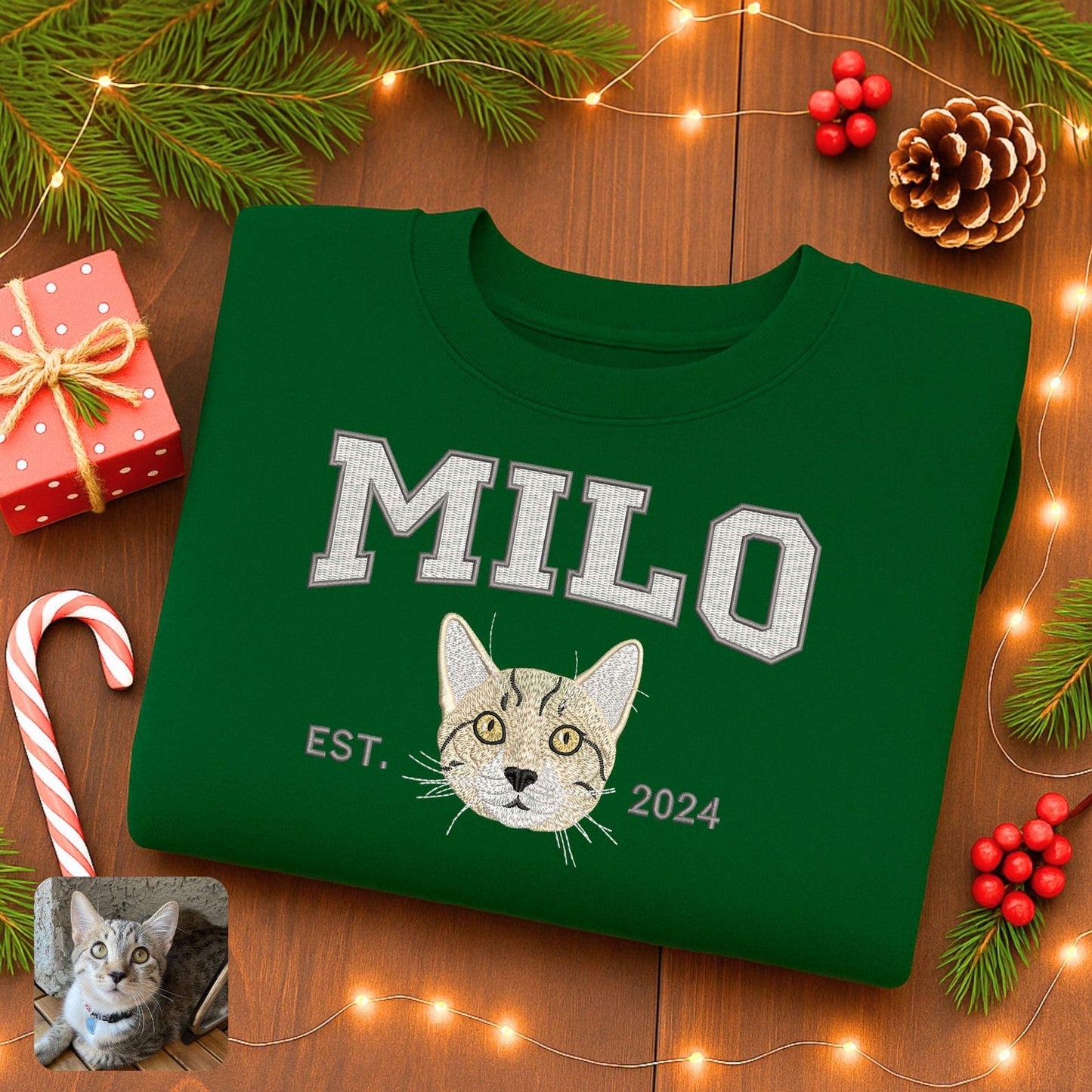 Custom Embrodied Pet Portrait Christmas Sweatshirt with Santa Hat Christmas Keepsake Gift For Dog Cat Pet Lovers