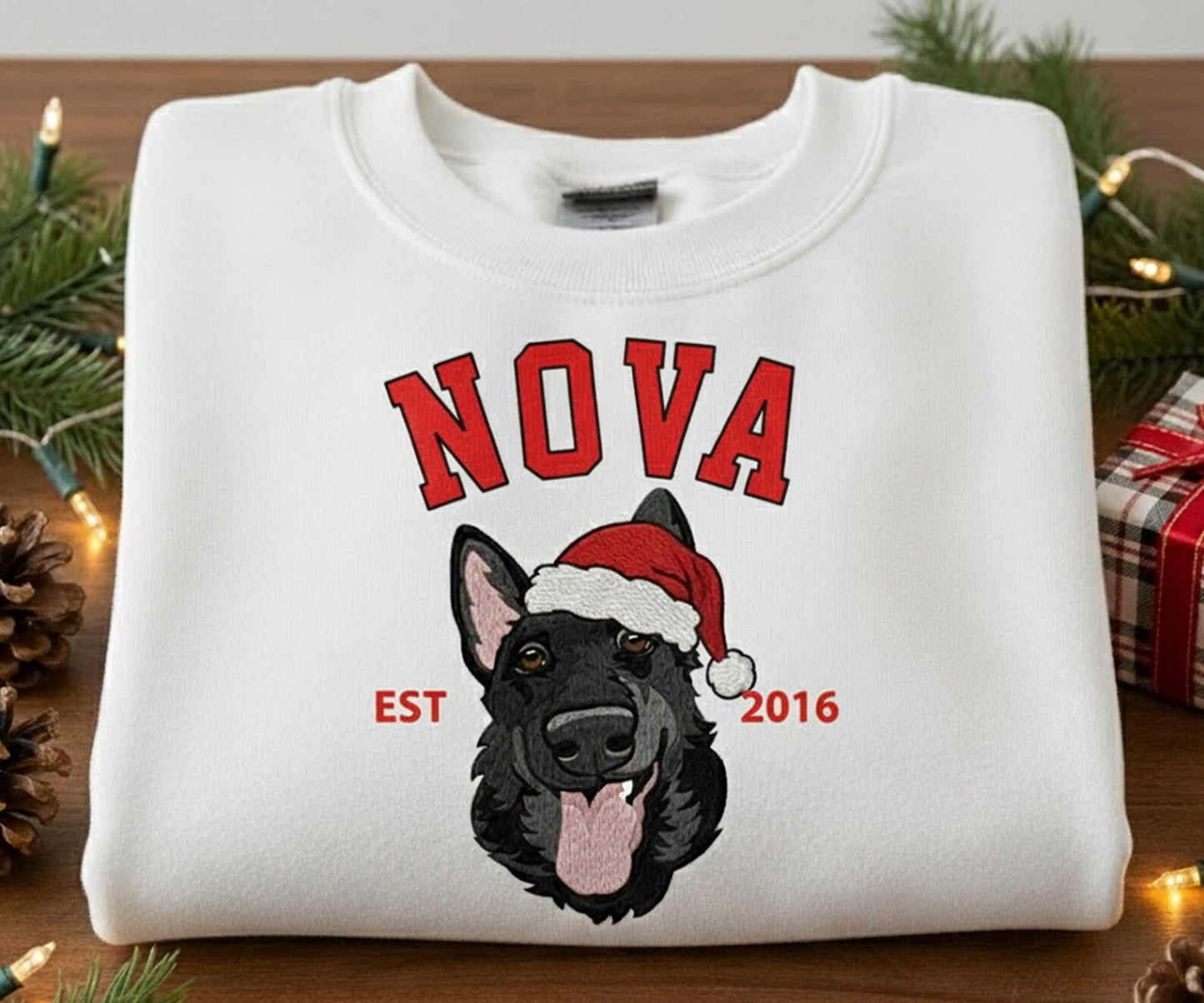 Custom Embrodied Pet Portrait Christmas Sweatshirt with Santa Hat Christmas Keepsake Gift For Dog Cat Pet Lovers