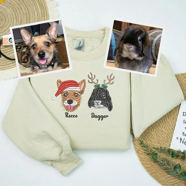 Custom Embroidered Pet Portrait Christmas Sweatshirt Christmas Gift for Dog Cat Owner Pet Lovers