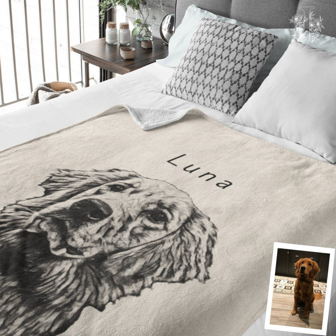 Personalized Pet Pen Art Portrait Blanket – Custom Dog Photo Throw with Name Dog Mom Gift Dog Lover Blanket Christmas Gift