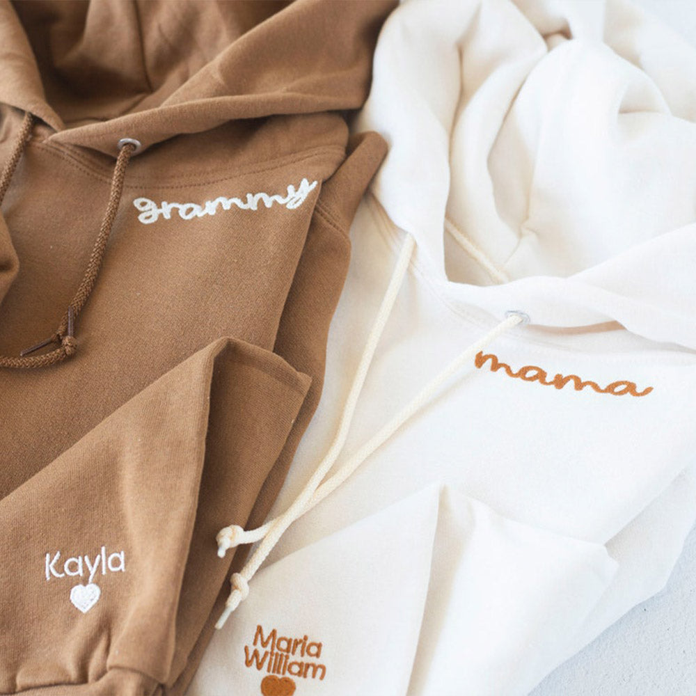 Sudadera bordada para mamá con los nombres de los niños en la manga. Regalo para el Día de la Madre.
