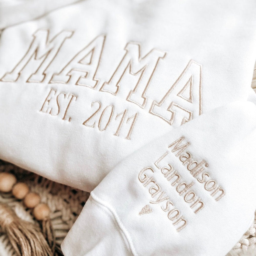 Embroidered MAMA Crewneck Sweatshirt with Kid Name on Sleeve Mother's Day Gift for Mom