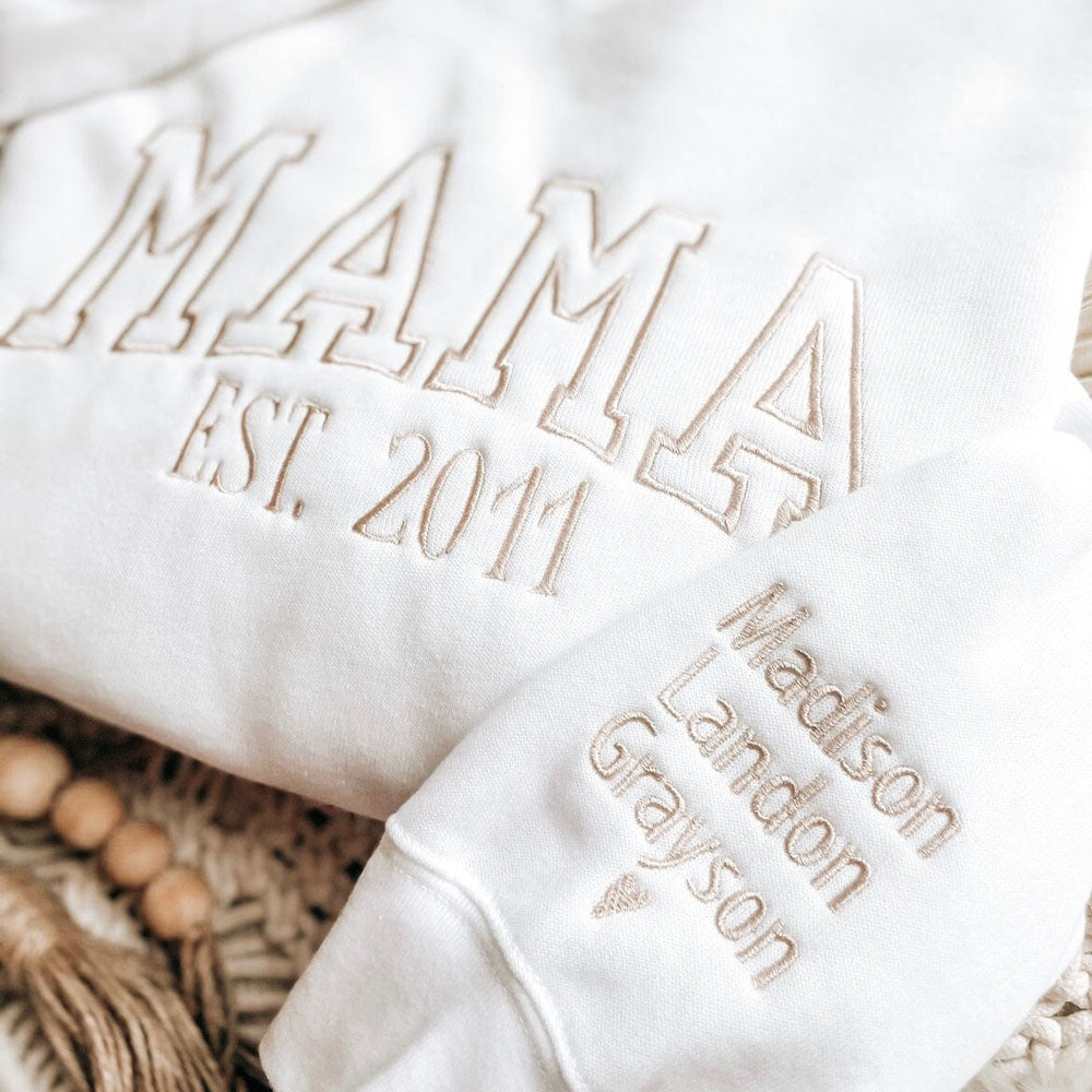 Embroidered MAMA Crewneck Sweatshirt Kid Name on Sleeve Gift for Mom