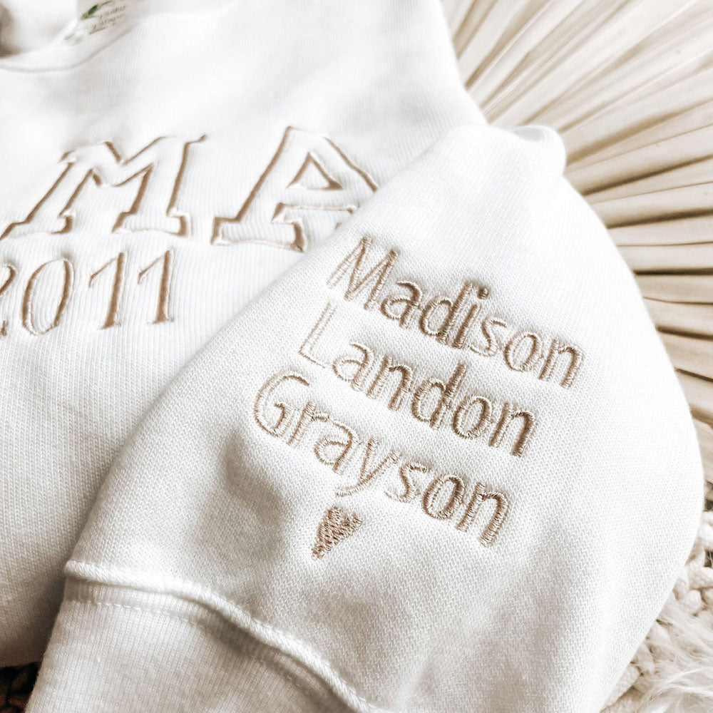 Embroidered MAMA Crewneck Sweatshirt Kid Name on Sleeve Gift for Mom