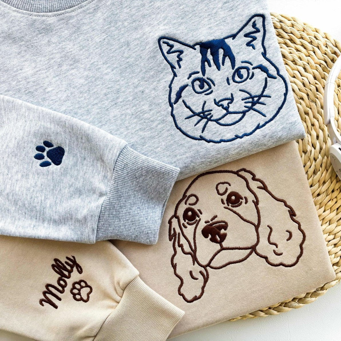 Embroidered Pet Dog Cat Face and Pet Name on Sleeve Sweatshirt Hoodie Gift for Pet Lovers
