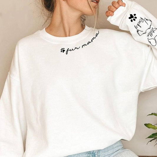 Embroidered Fur Mama Sweatshirt With Pet Ear and Name on Sleeve Gift For Pet Lovers