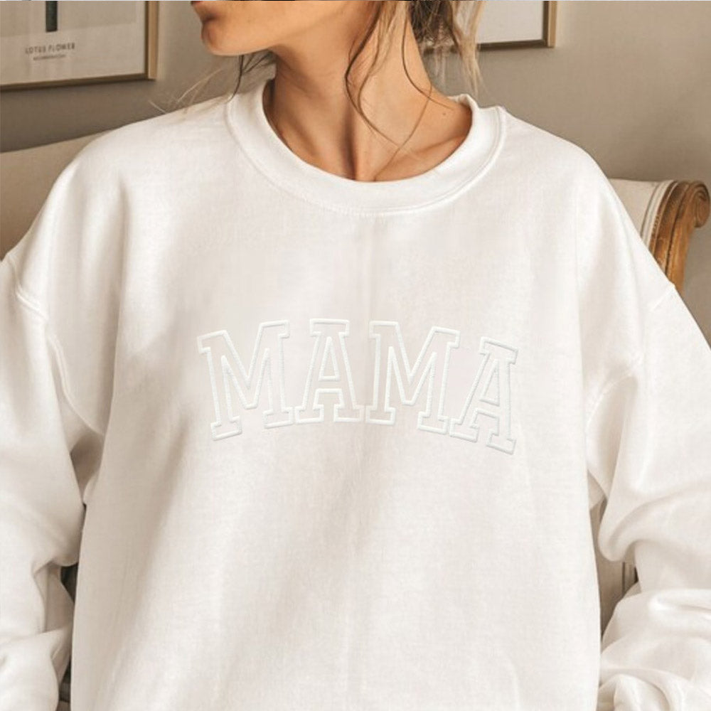 Personalisiertes Sweatshirt mit geprägtem Puff-Schriftzug „MAMA“ und Kindernamen, Geschenk für Mama