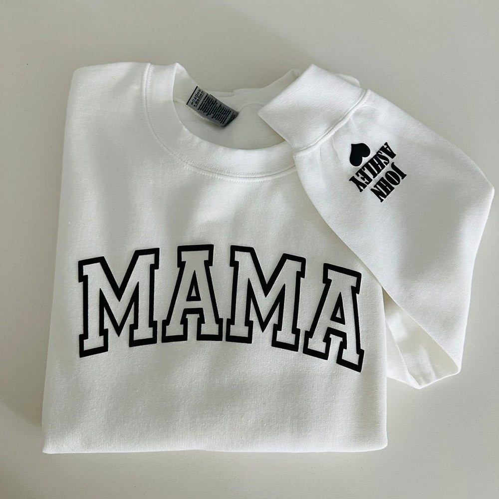 Personalisiertes Sweatshirt mit geprägtem Puff-Schriftzug „MAMA“ und Kindernamen, Geschenk für Mama