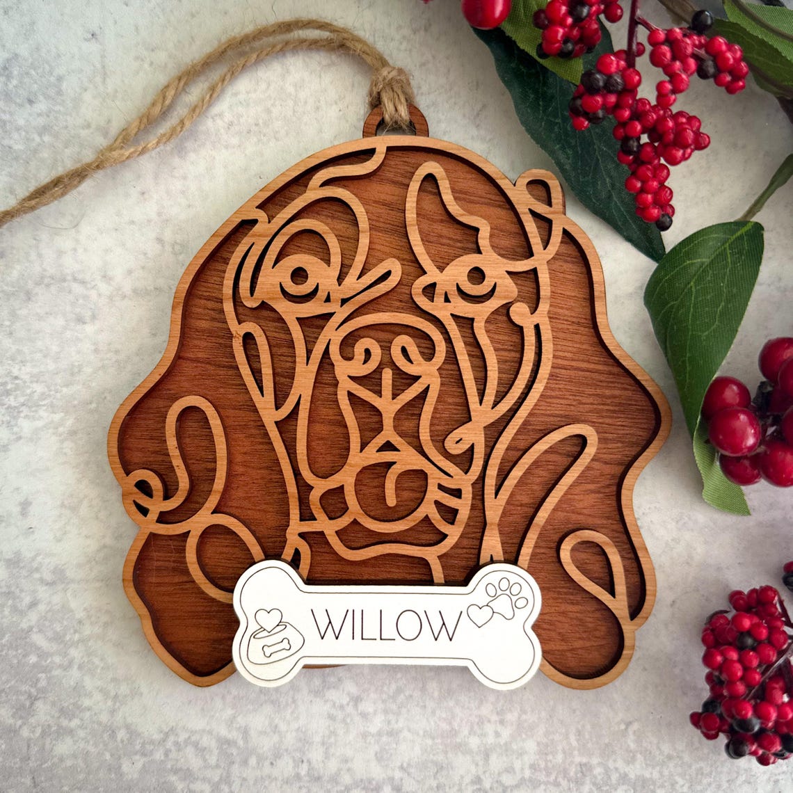 Personalized Wooden Line Art Pet Portrait Ornament Pet Memorial Gift Christmas Gift for Pet Lovers