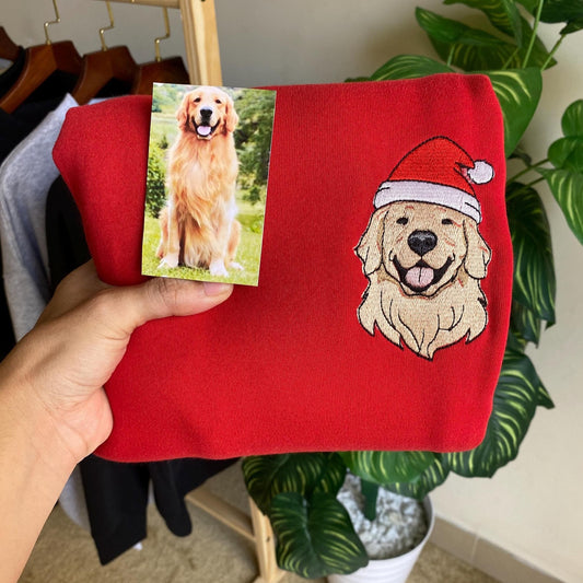 Custom Embrodied Pet Dog Face Christmas Sweatshirt with Santa Hat Christmas Gift For Pet Lovers