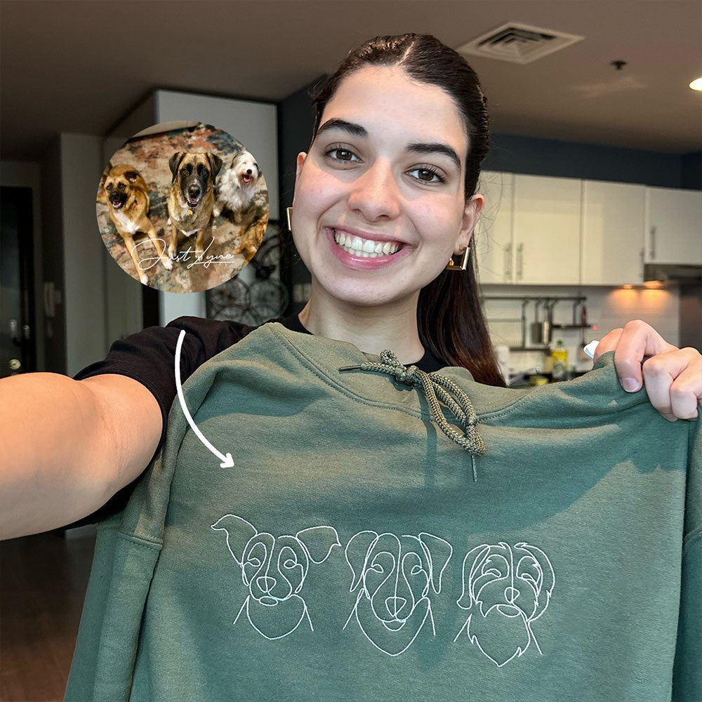 Custom Embroidered Line Art Pet Portrait Outline Sweatshirt Hoodie Gift For Dog/Cat Owner Pet Lovers