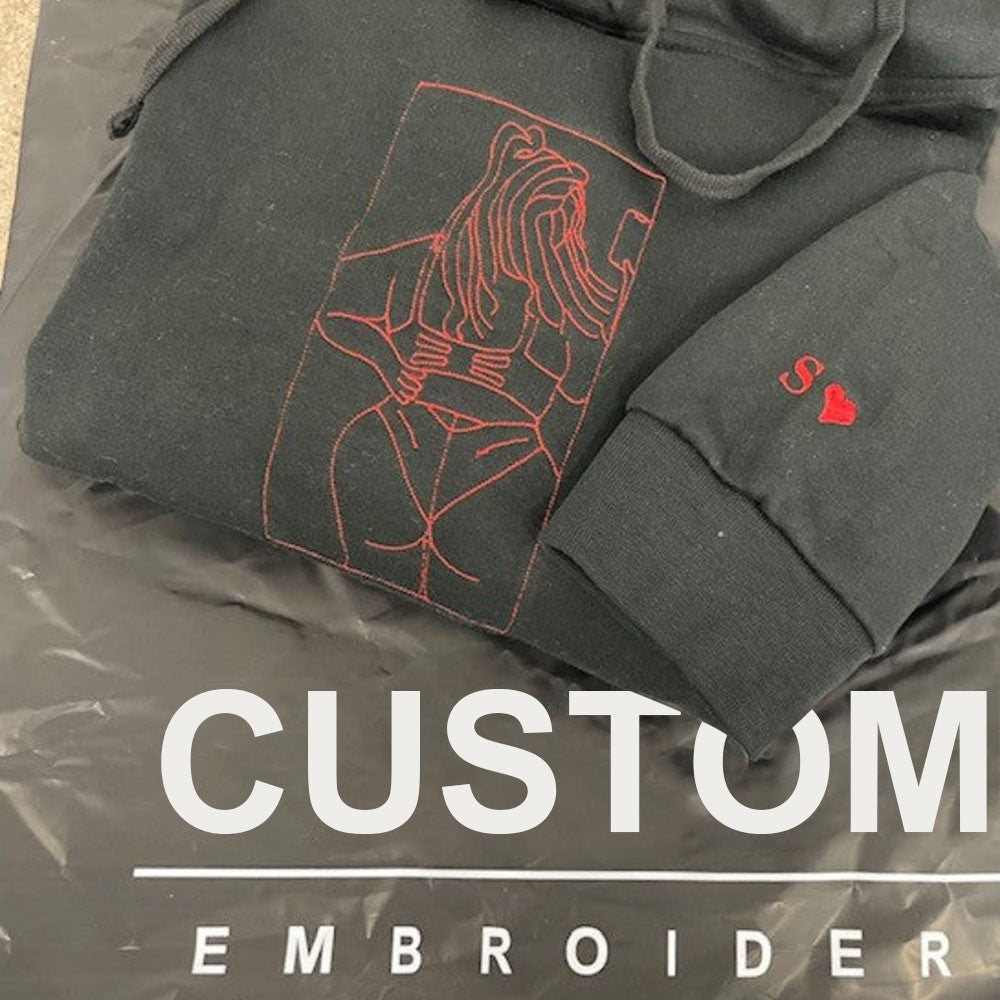 Sudadera con capucha y cuello redondo con retrato bordado picante personalizado, regalo de San Valentín para novio y esposo.