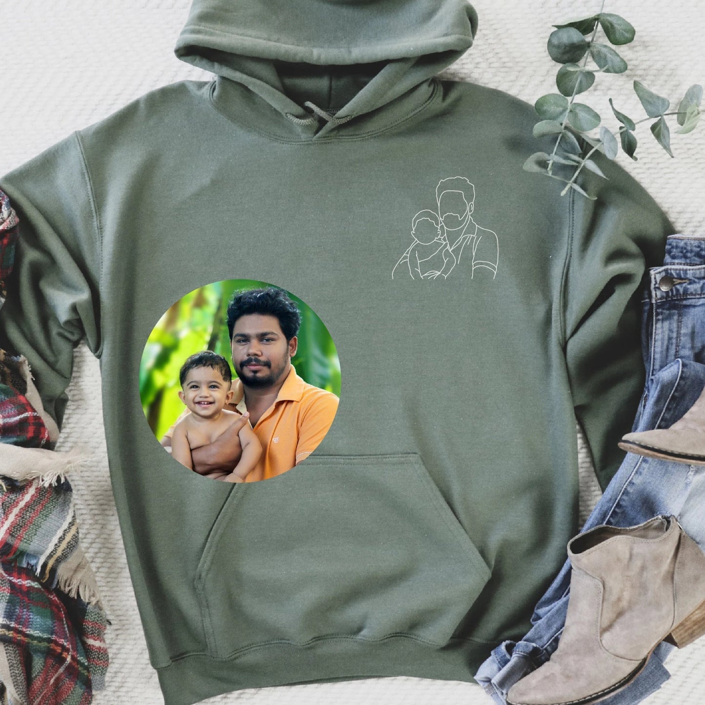 Benutzerdefinierte bestickte Papa Foto Portrait Hoodie Sweatshirt mit Kinder Namen auf Ärmel Vatertag Geschenk 