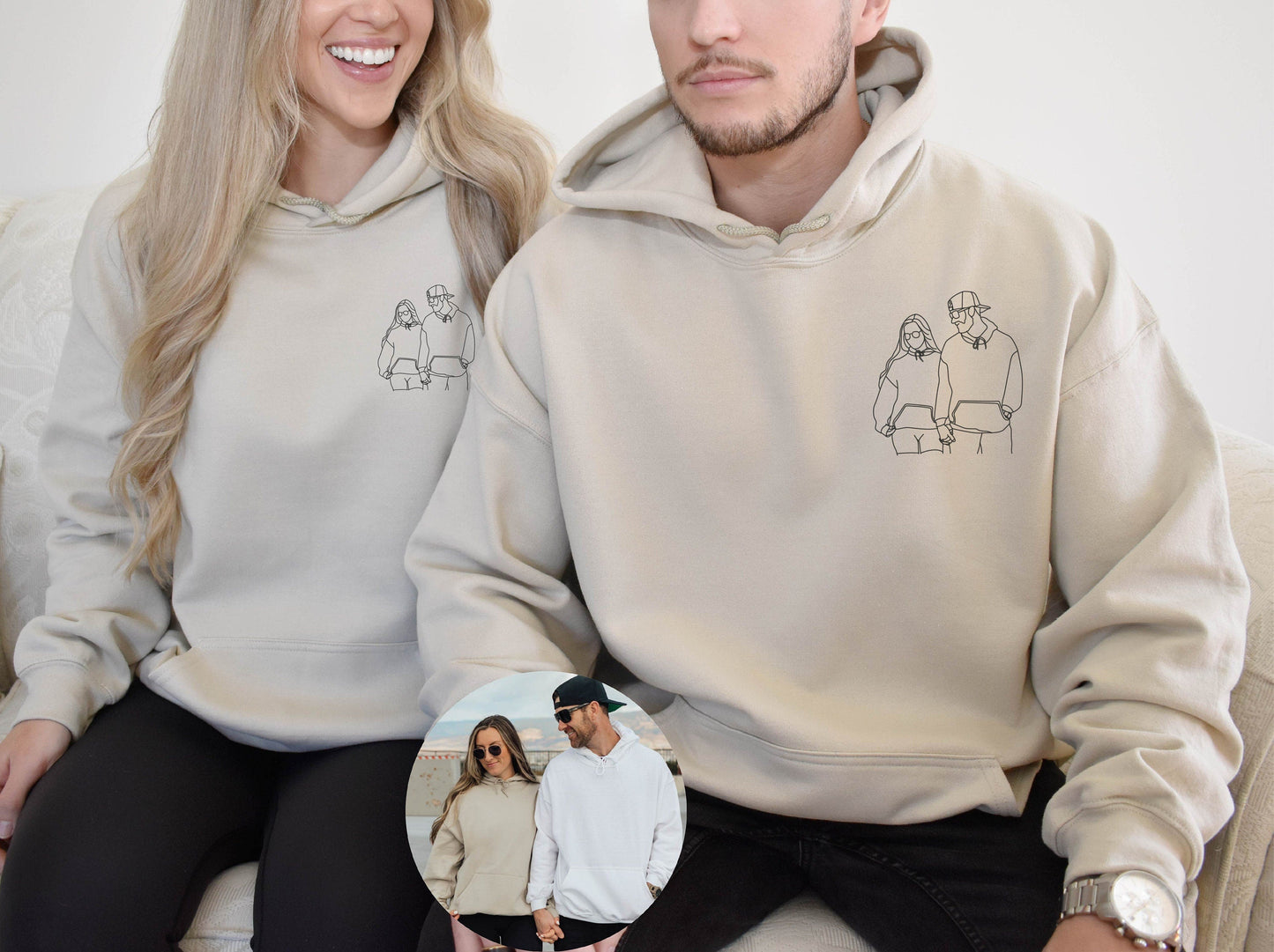 Custom Couple Portrait from Photo Embroidered Sweatshirt Hoodie Personalized Gifts for Couples