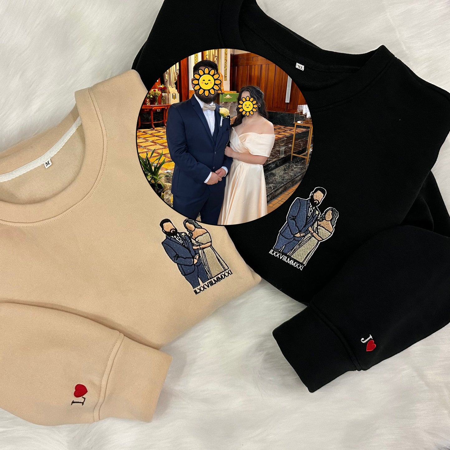 Custom Embroidered Couple Photo Portrait Matching Hoodie Sweatshirt Anniversary Valentines Day Couple Gifts