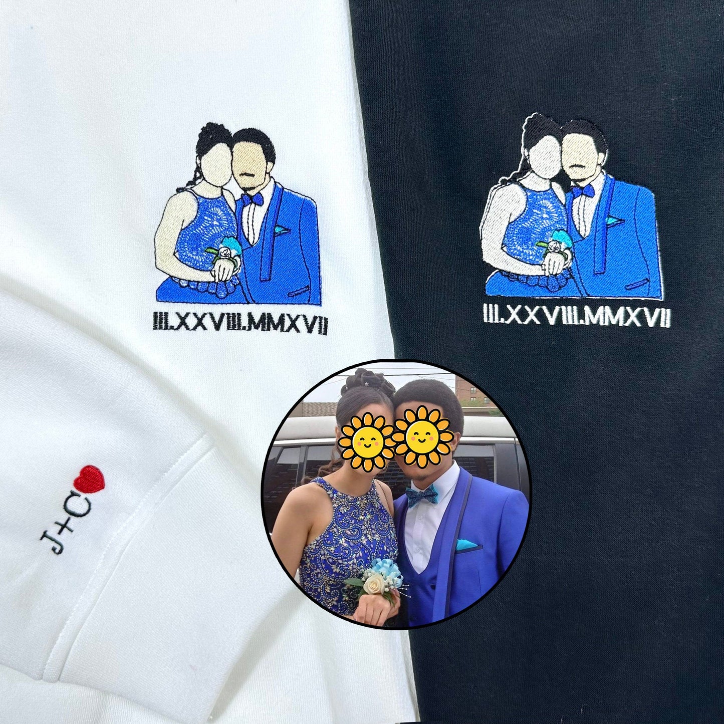 Custom Embroidered Couple Photo Portrait Matching Hoodie Sweatshirt Anniversary Valentines Day Couple Gifts