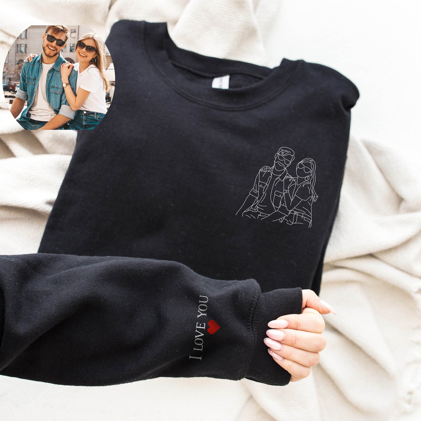 Custom Couple Portrait from Photo Embroidered Sweatshirt Hoodie Personalized Gifts for Couples